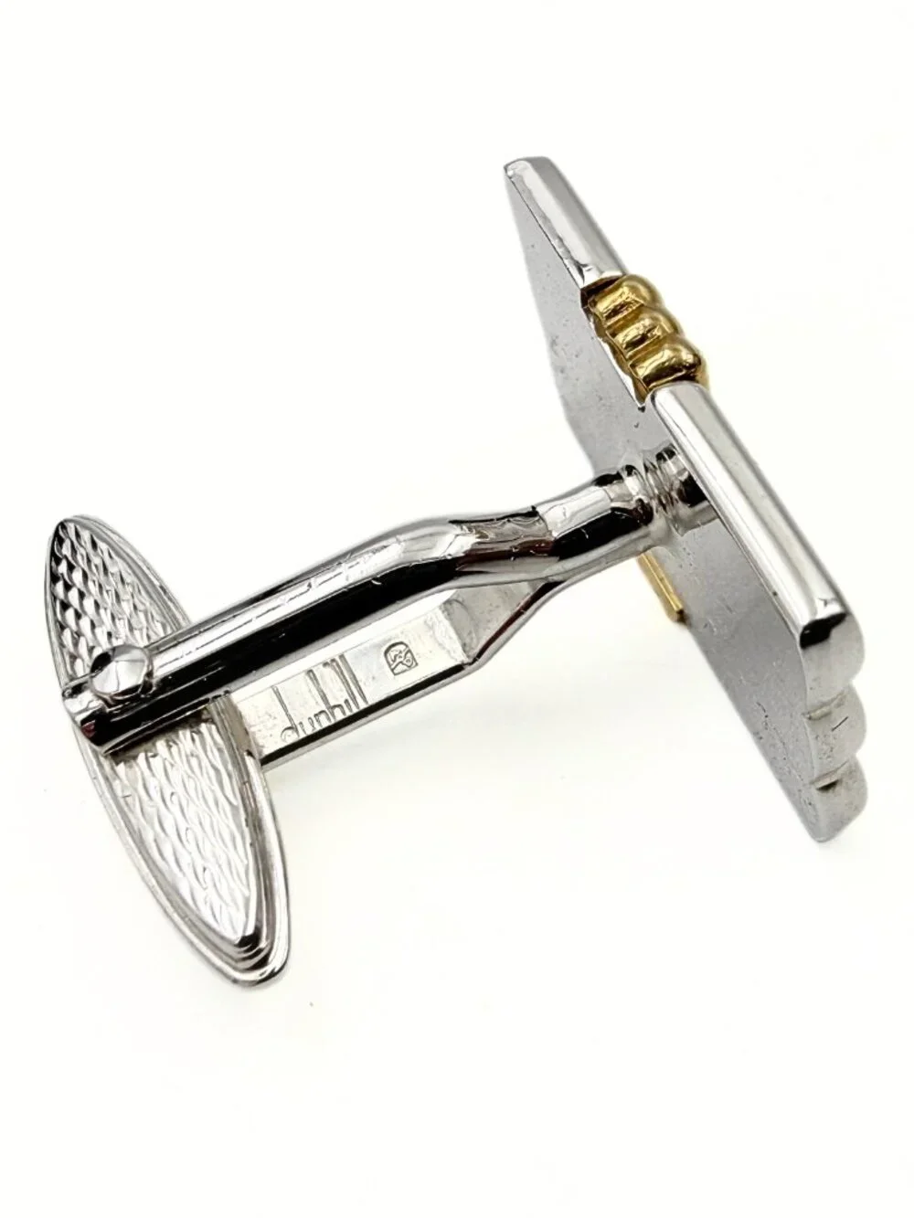 Dunhill Signed Paris Rectangular Two Tone Brushed Ribbed Tuxedo Cufflinks